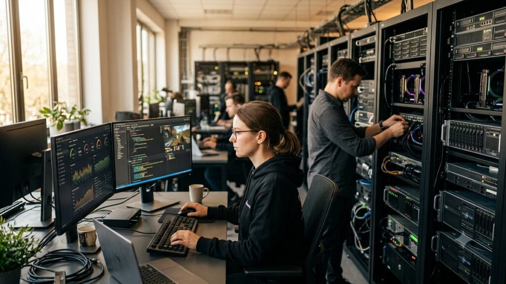 Современное рабочее пространство с автоматизированными игровыми фермами в теплом естественном освещении для бизнеса