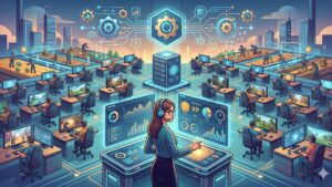 Современная иллюстрация автоматизированных игровых ферм с футуристичным оборудованием для обзора программного обеспечения 2026 года